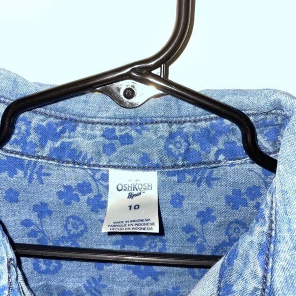 Oshkosh Bgosh Girls Denim Shirt Dress Size 10 Floral Inner Lining & Button Cuffs - Picture 4 of 6